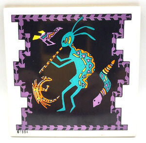 Vintage Kokapelli Flute Dancer Ceramic Trivet Lanka WallTiles Sri Lanka 4.5x4.5"